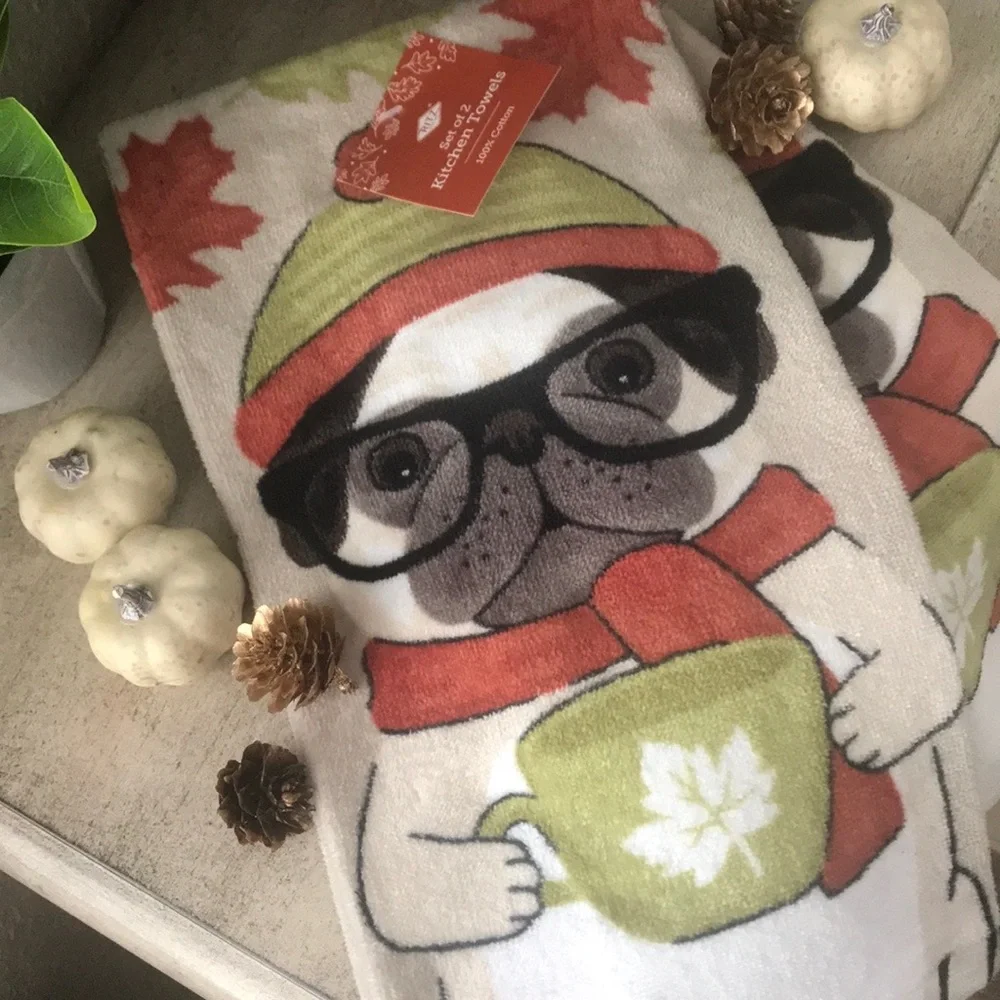 Adorable Fall Pug plush kitchen towels 100% cotton